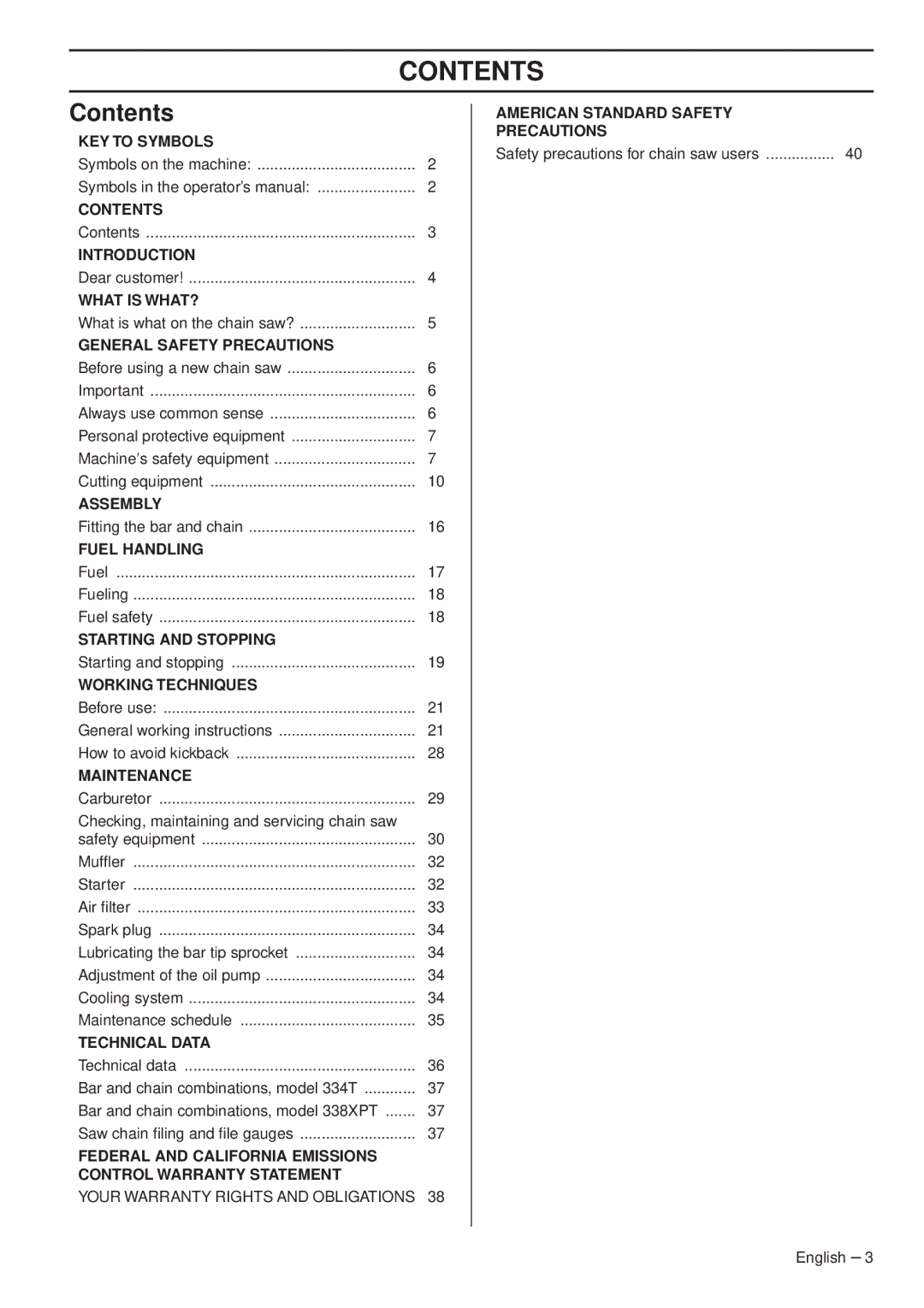 Husqvarna 1151375-95, 338XPT EPA III manual Contents 