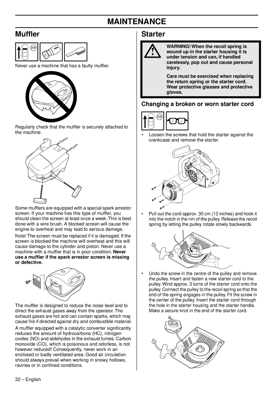 Husqvarna 338XPT EPA III, 1151375-95 manual Mufﬂer, Starter, Changing a broken or worn starter cord 