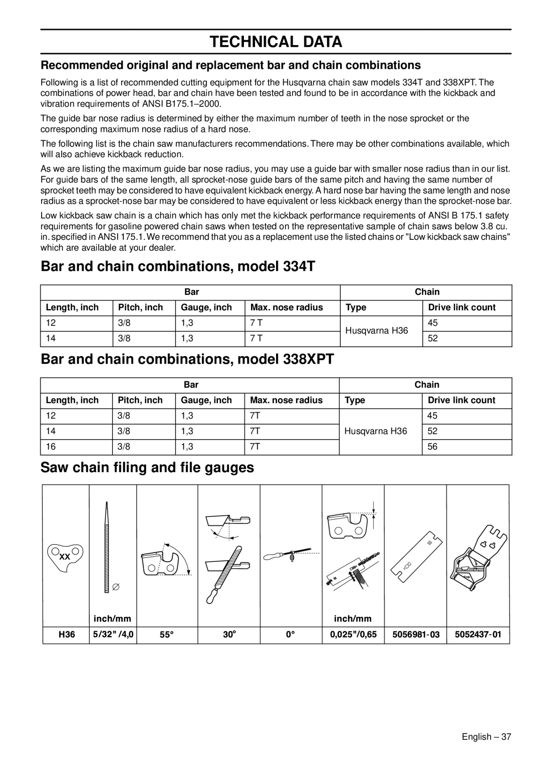 Husqvarna 1151375-95, 338XPT EPA III manual Bar and chain combinations, model 334T, Bar and chain combinations, model 338XPT 