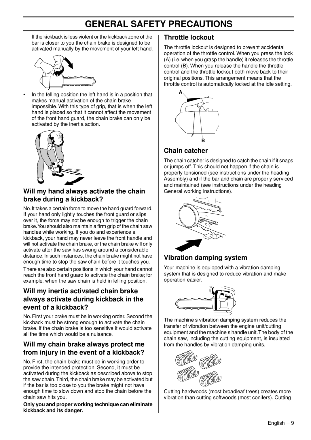 Husqvarna 1151375-95, 338XPT EPA III manual Throttle lockout, Chain catcher, Vibration damping system 