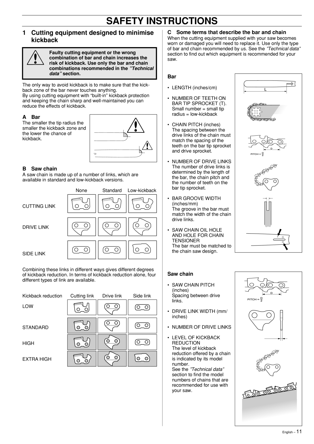 Husqvarna 339XP manual Cutting equipment designed to minimise kickback, Bar, Saw chain 