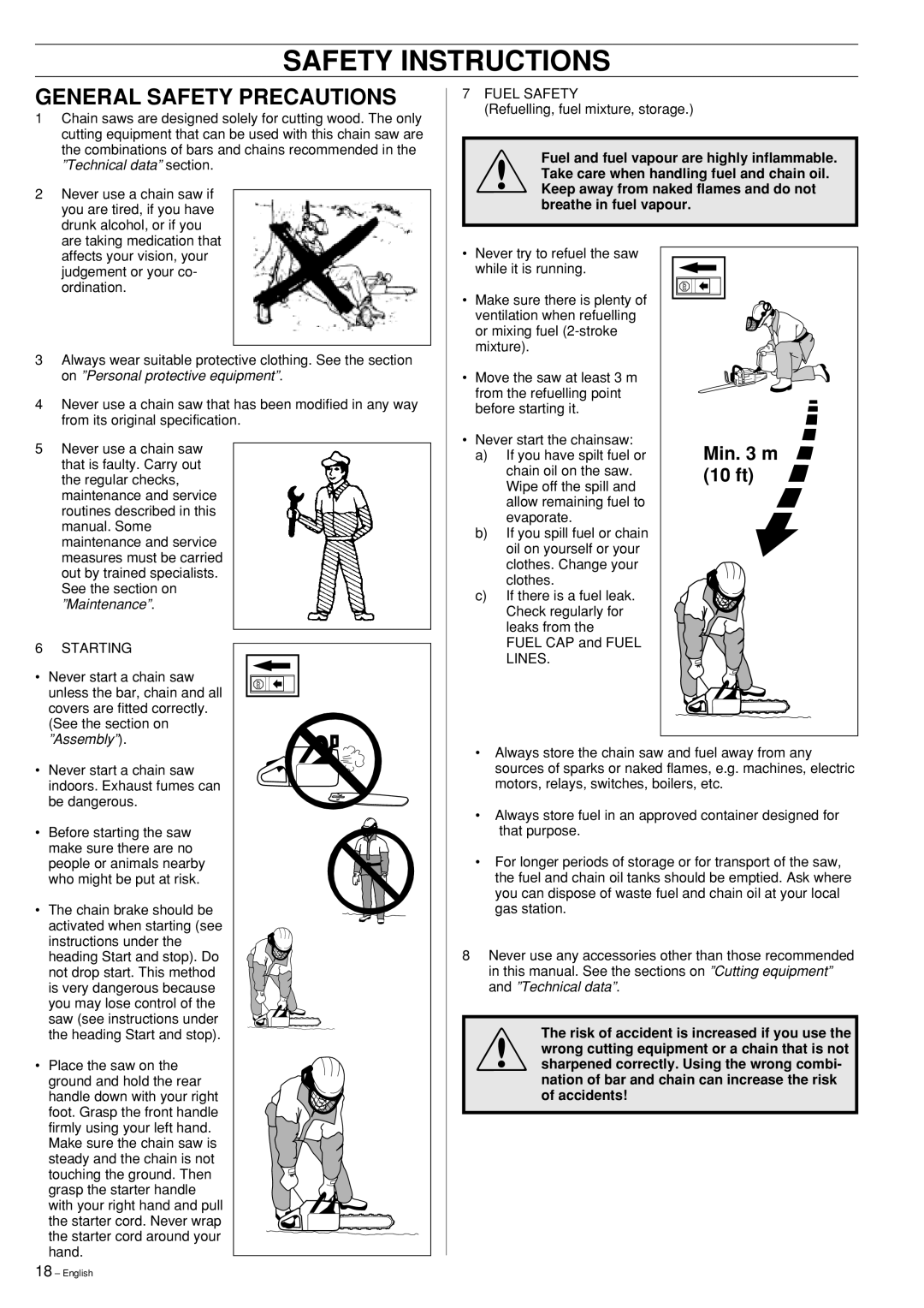 Husqvarna 339XP manual General Safety Precautions, Min m, 10 ft 