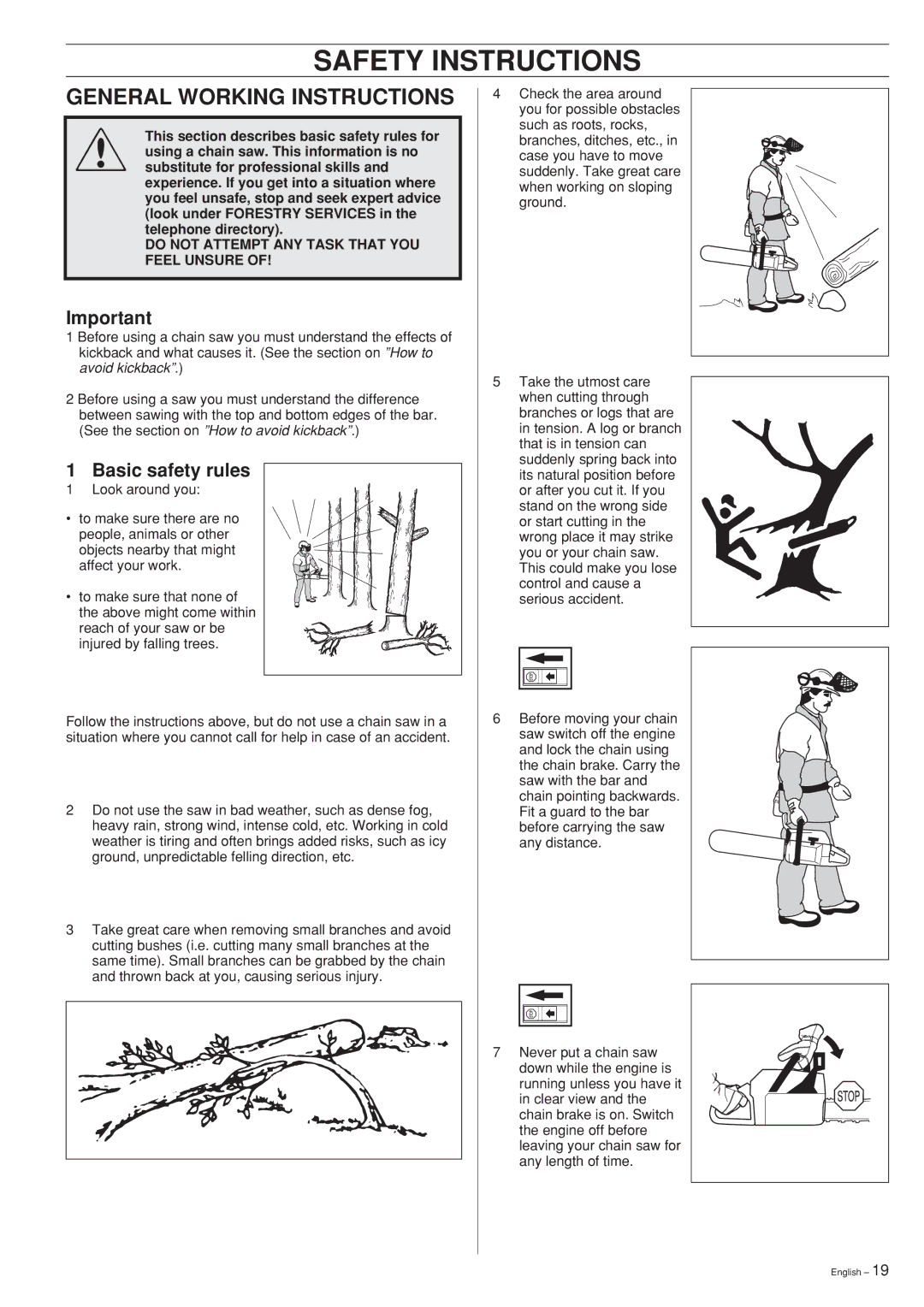 Husqvarna 339XP manual General Working Instructions, Basic safety rules 