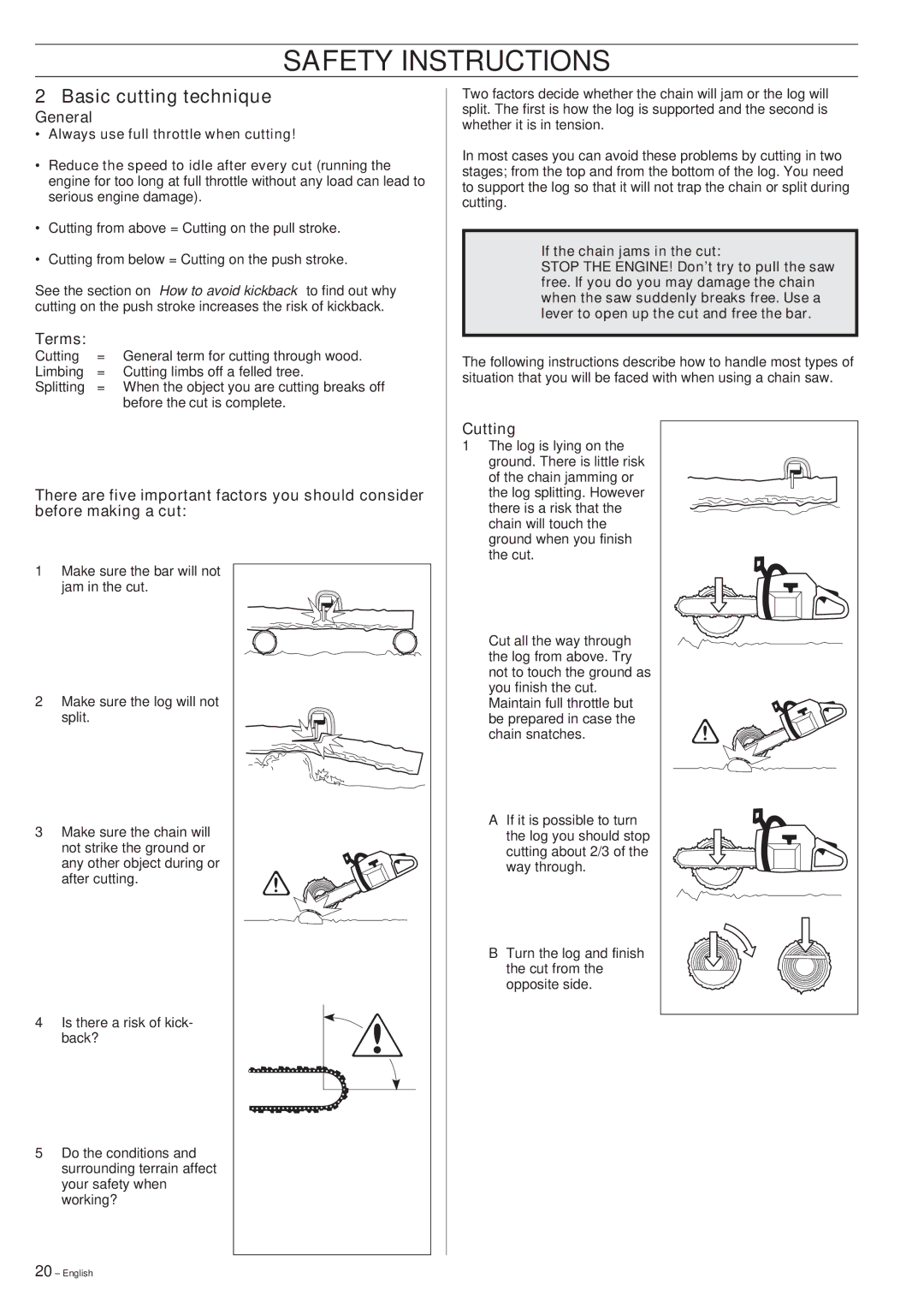 Husqvarna 339XP manual Basic cutting technique, General, Terms, Cutting 