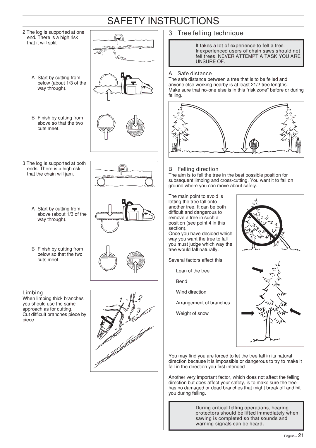 Husqvarna 339XP manual Tree felling technique, Safe distance, Limbing, Felling direction 