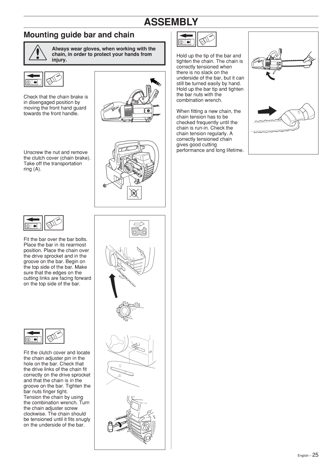 Husqvarna 339XP manual Assembly, Mounting guide bar and chain 