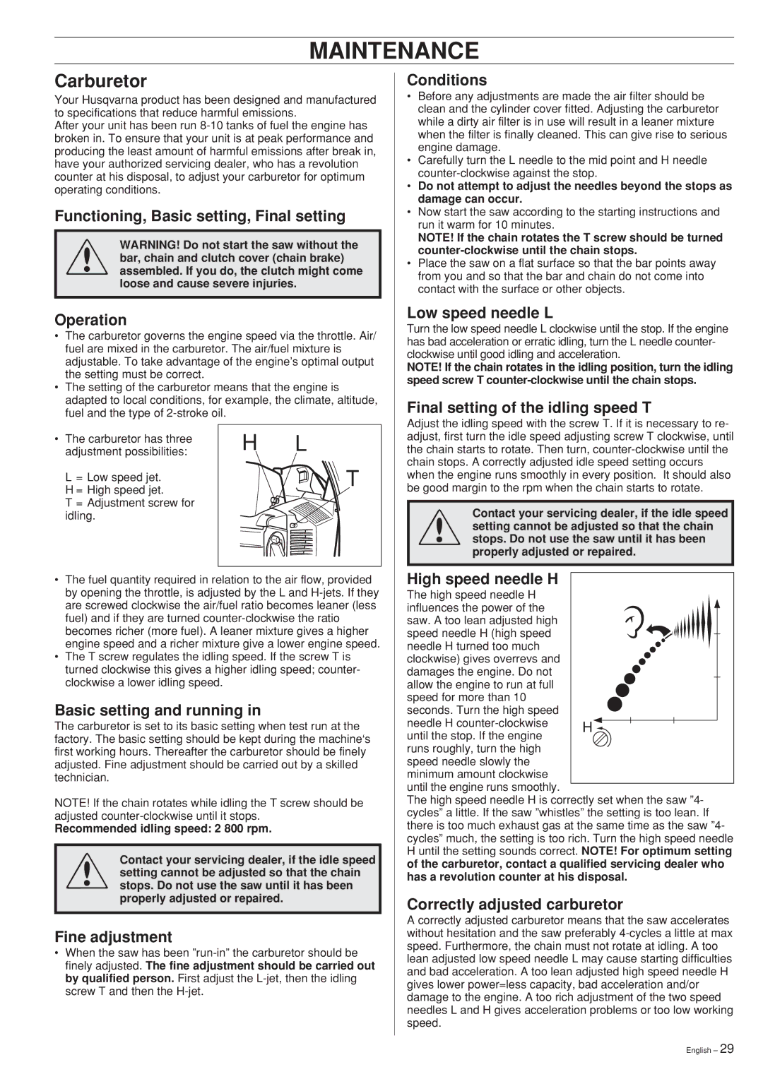 Husqvarna 339XP manual Maintenance, Carburetor 