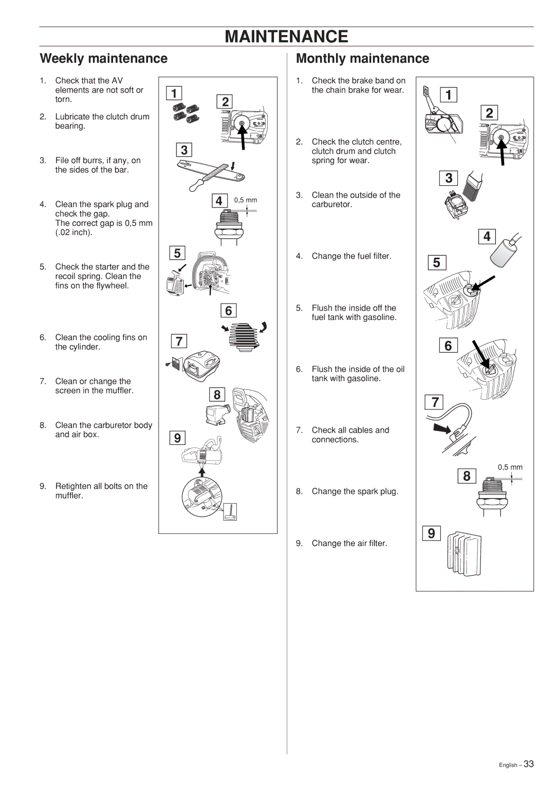 Husqvarna 339XP manual Weekly maintenance Monthly maintenance 