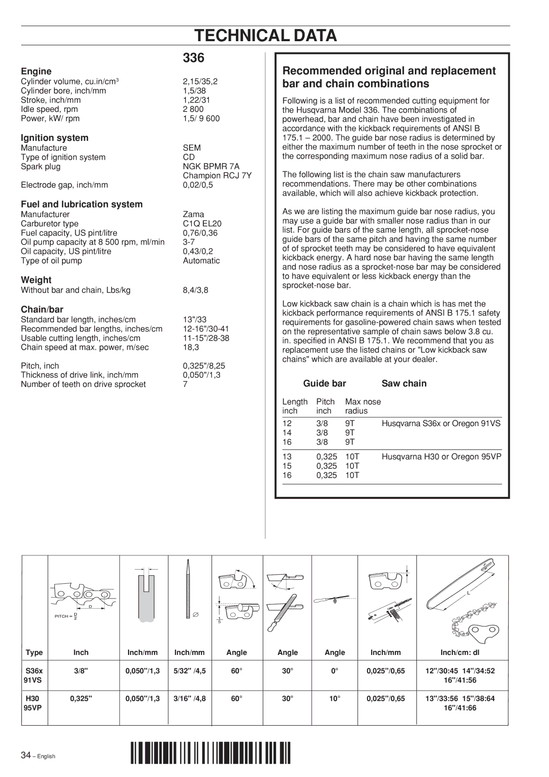 Husqvarna 339XP manual Technical Data, 336 