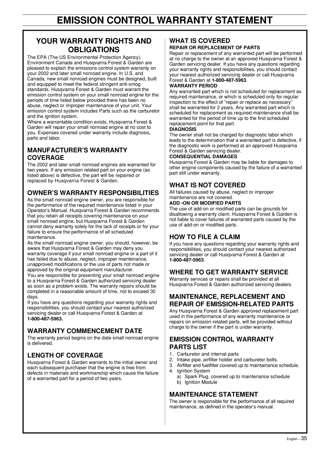 Husqvarna 339XP manual Emission Control Warranty Statement, Your Warranty Rights Obligations 