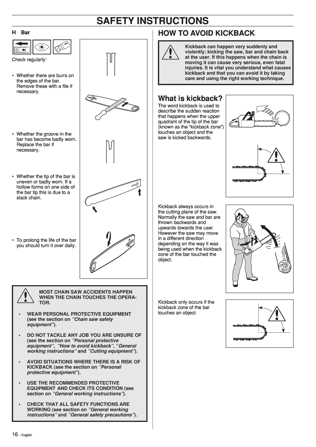 Husqvarna 339XP manual How To Avoid Kickback, What is kickback?, H Bar, Safety Instructions 
