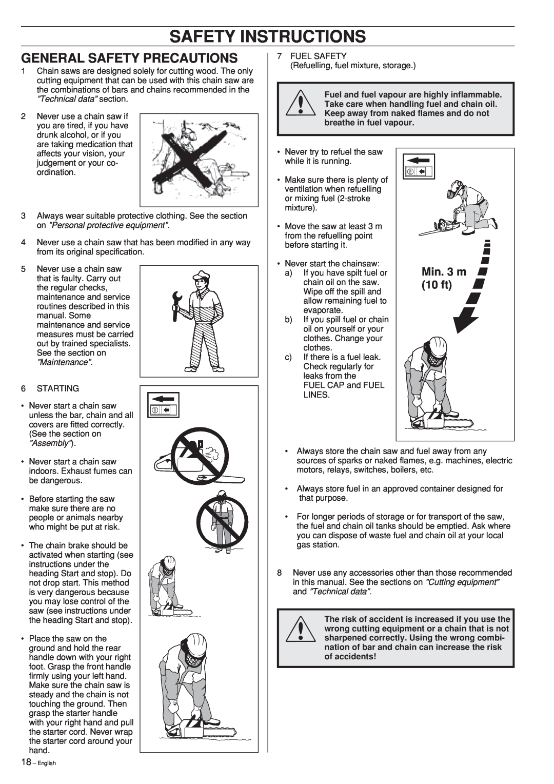 Husqvarna 339XP manual General Safety Precautions, Min. 3 m, 10 ft, Safety Instructions 