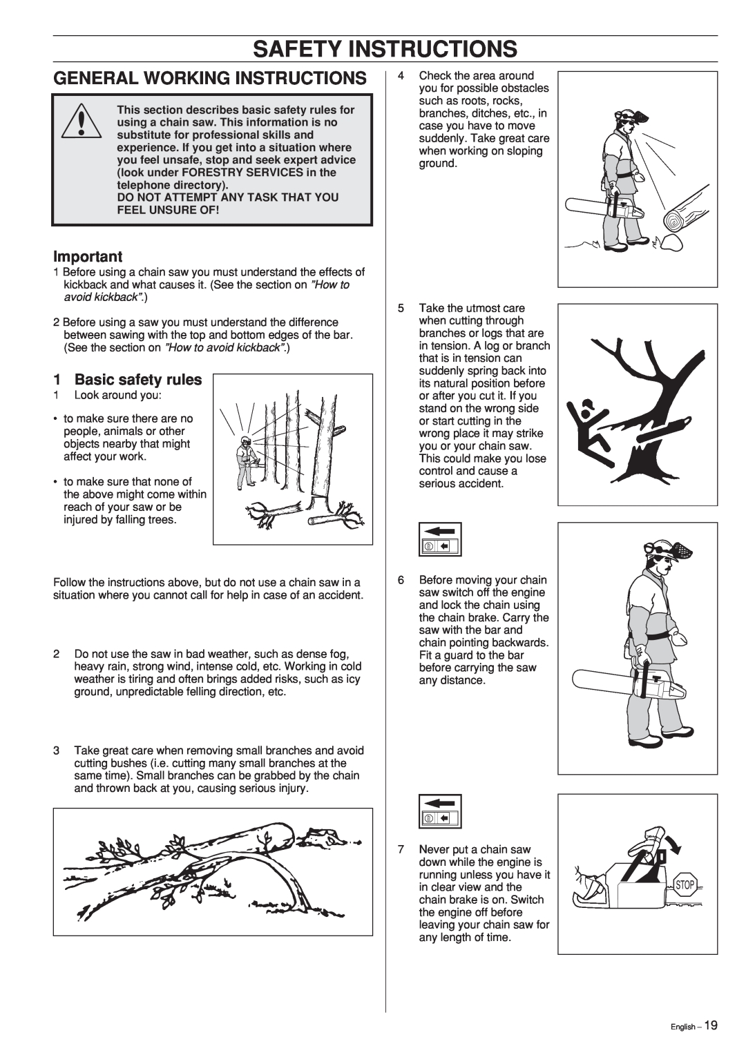 Husqvarna 339XP manual General Working Instructions, Basic safety rules, Safety Instructions 