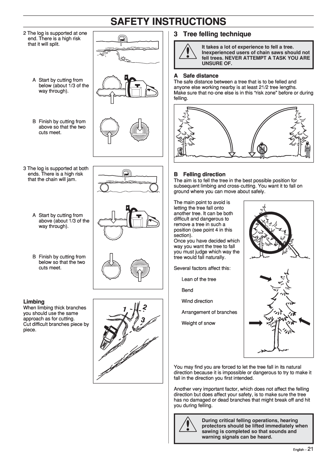 Husqvarna 339XP manual 3Tree felling technique, A Safe distance, Limbing, B Felling direction, Safety Instructions 
