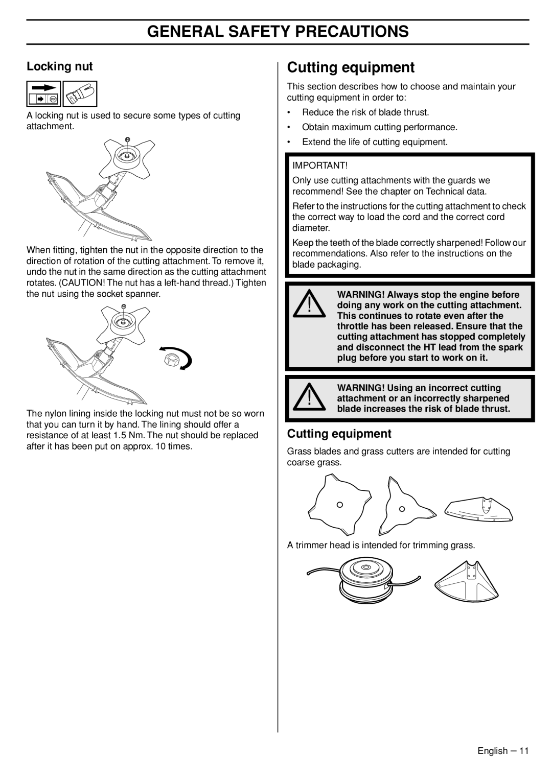 Husqvarna 33RJ manual Cutting equipment, Locking nut 