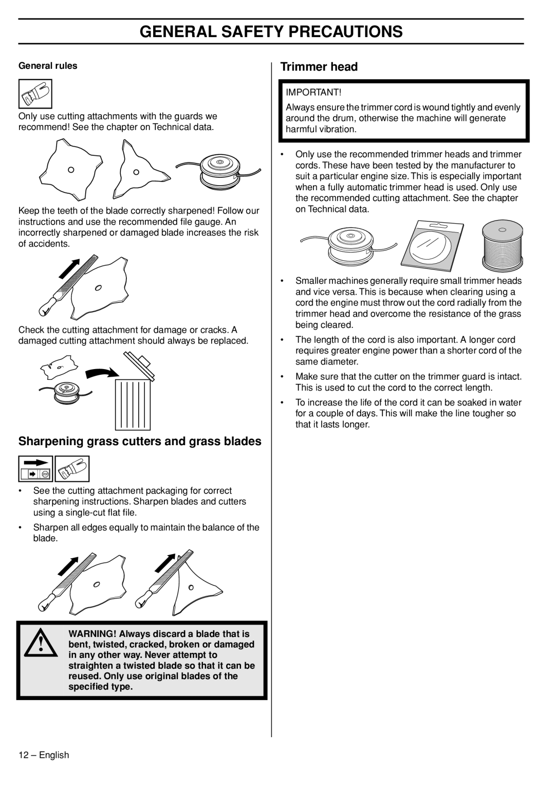 Husqvarna 33RJ manual Sharpening grass cutters and grass blades, Trimmer head, General rules 