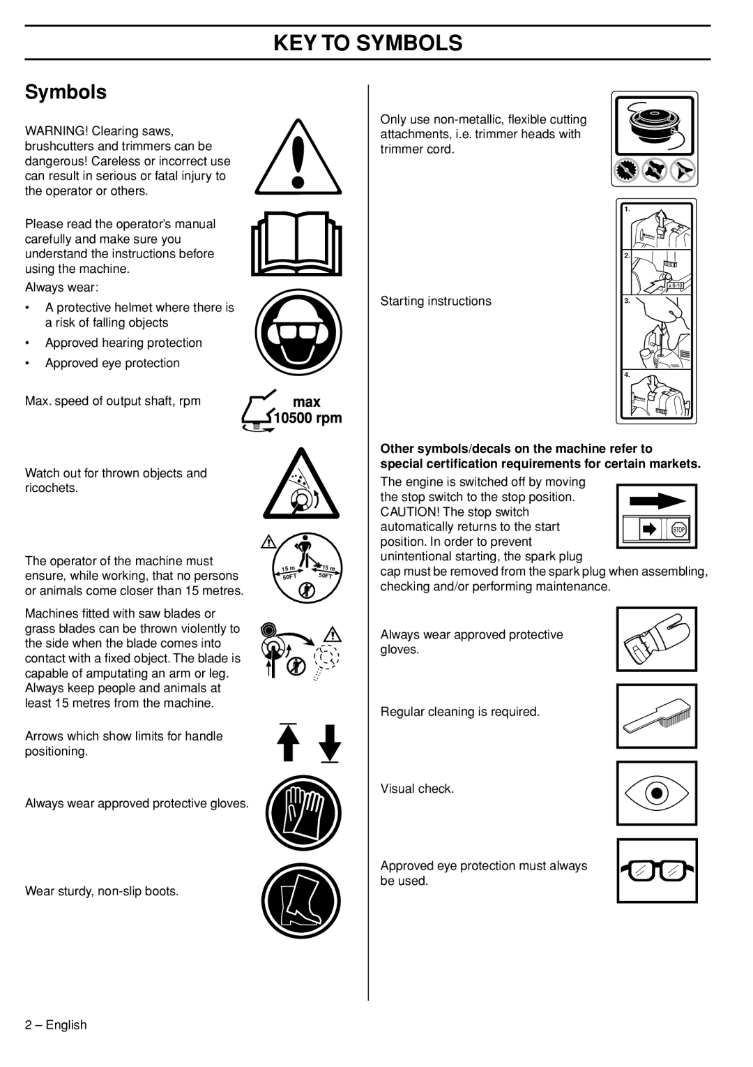 Husqvarna 33RJ manual KEY to Symbols, Starting instructions 