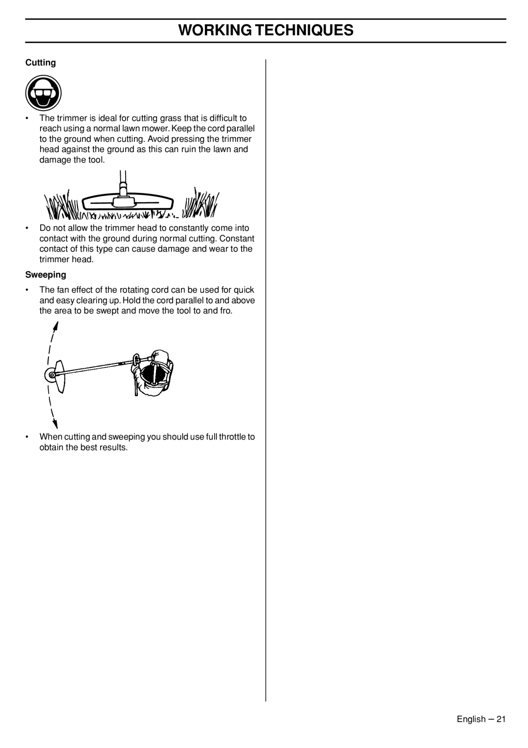 Husqvarna 33RJ manual Cutting, Sweeping 