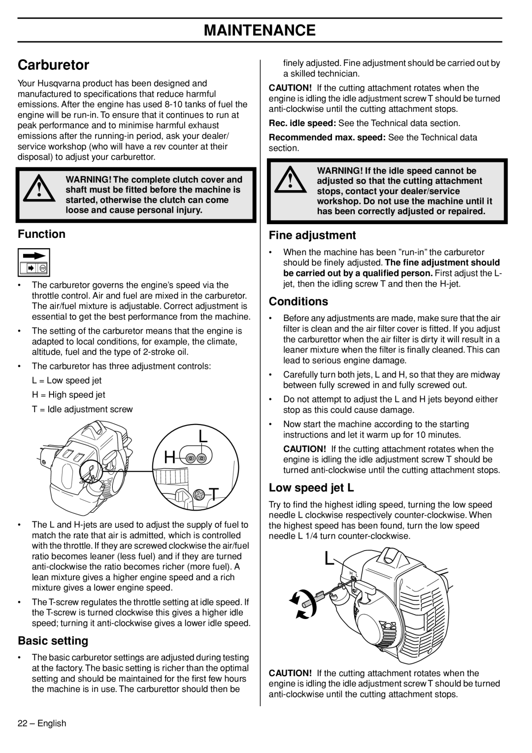 Husqvarna 33RJ manual Maintenance, Carburetor 