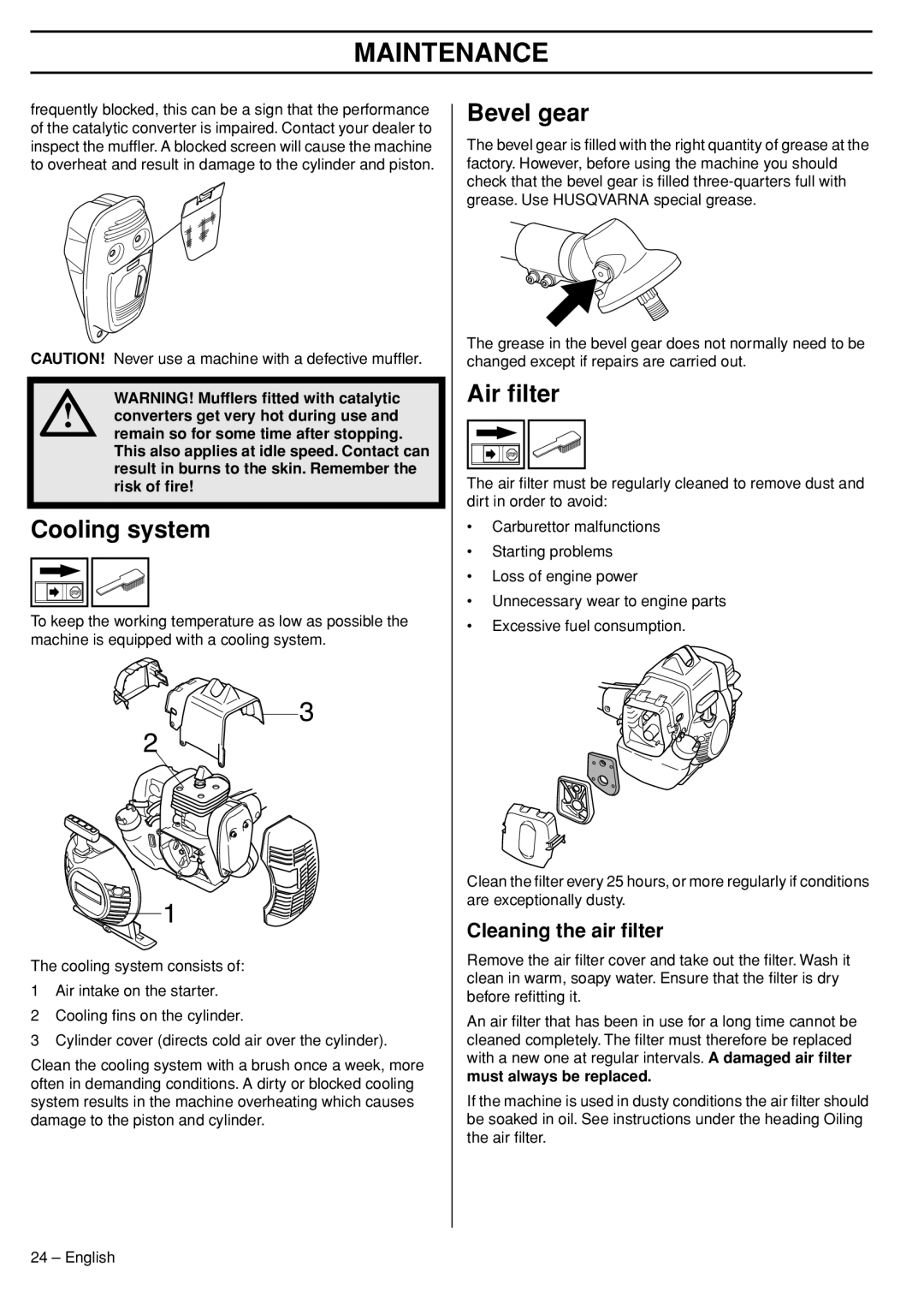 Husqvarna 33RJ manual Cooling system, Bevel gear, Air ﬁlter, Cleaning the air ﬁlter, Must always be replaced 