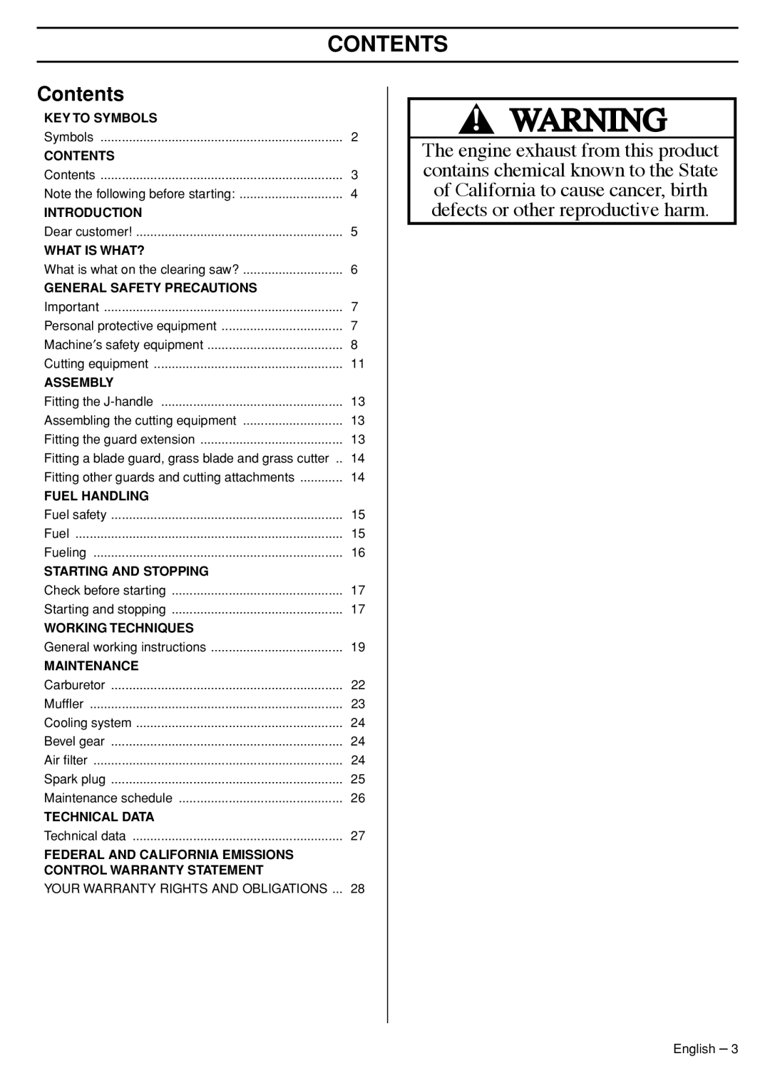 Husqvarna 33RJ manual Contents 