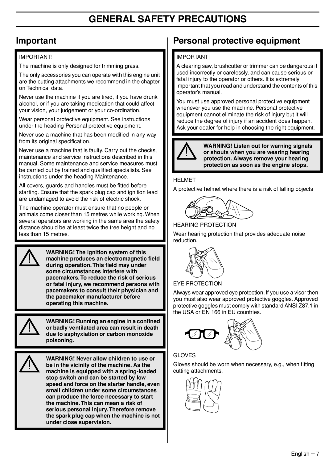 Husqvarna 33RJ manual General Safety Precautions, Personal protective equipment 