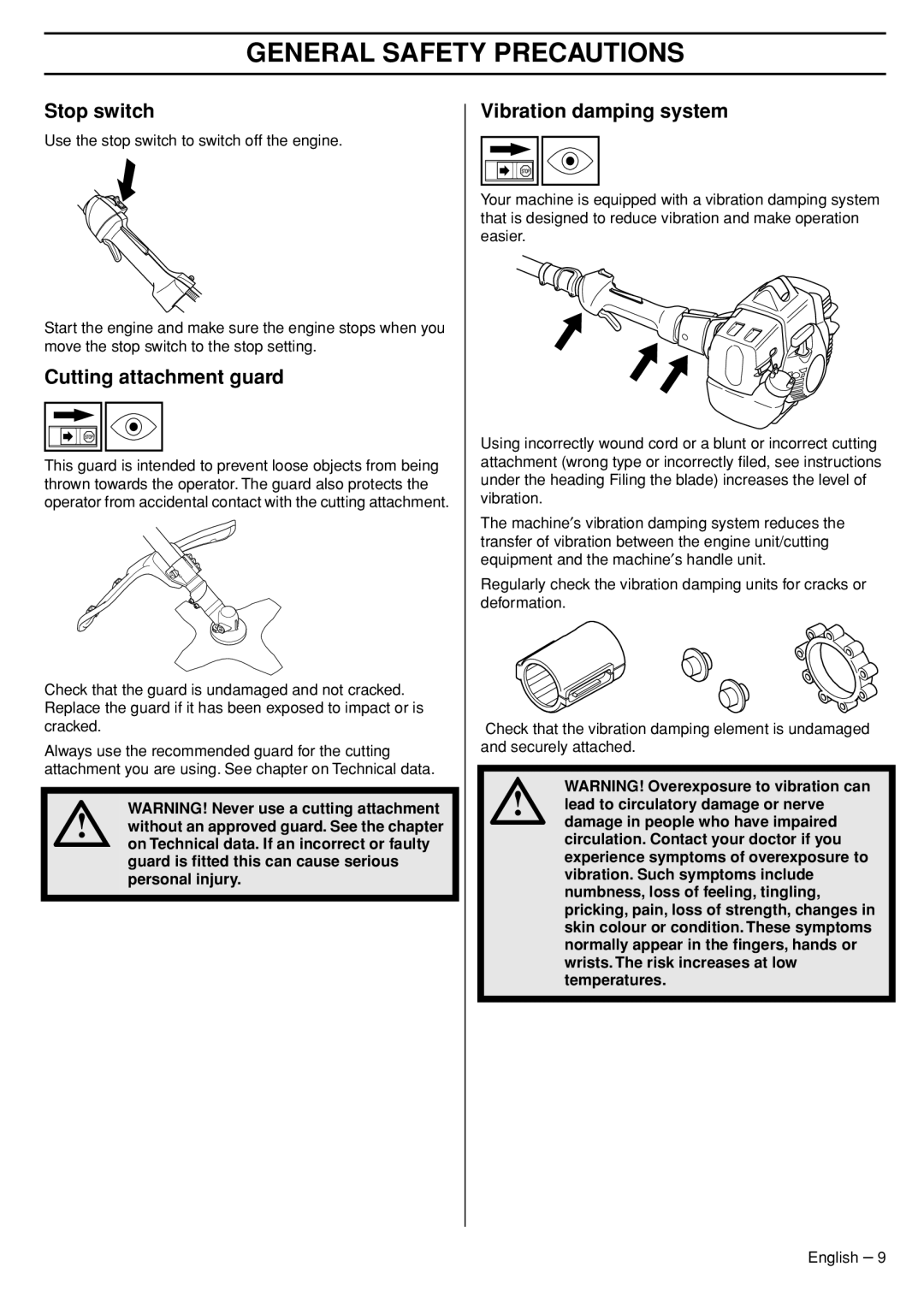 Husqvarna 33RJ manual Stop switch, Cutting attachment guard, Vibration damping system 