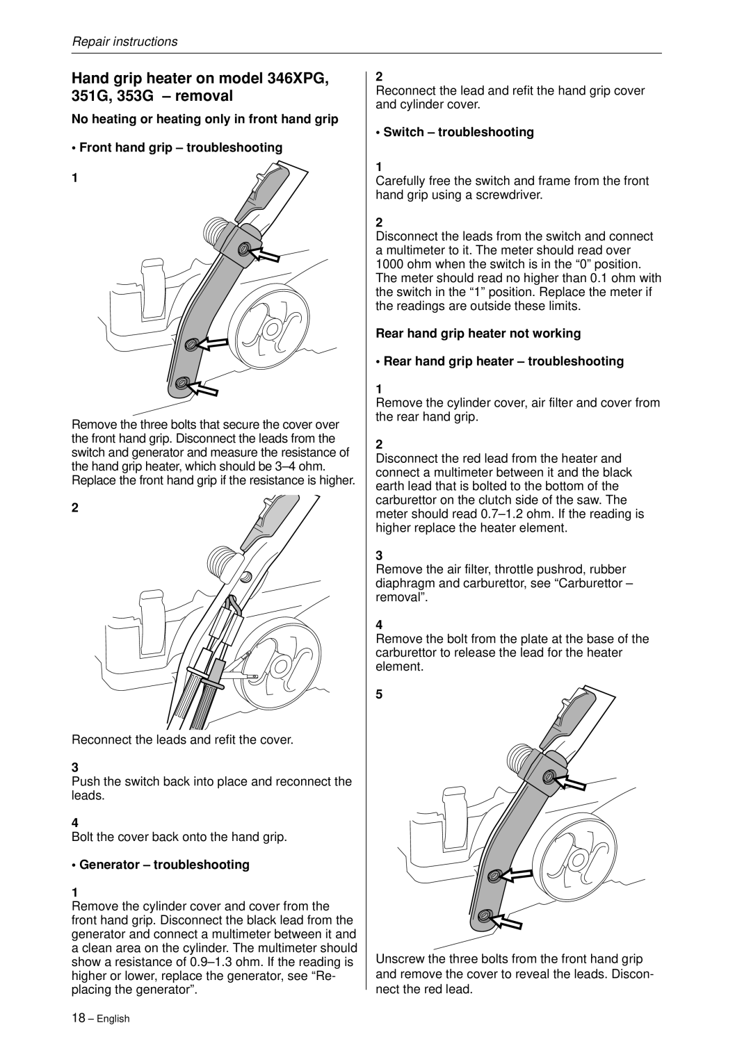 Husqvarna 340, 345, 346XP,350, 351, 353 Hand grip heater on model 346XPG, 351G, 353G removal, Generator troubleshooting 