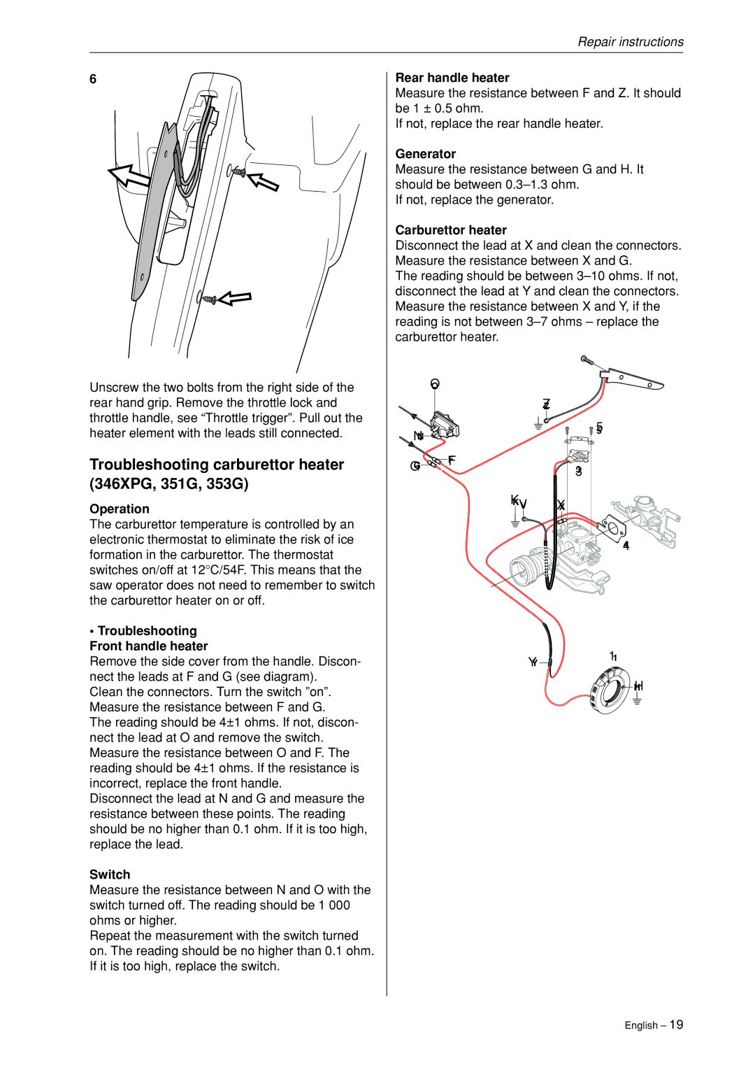 Husqvarna 340, 345, 346XP,350, 351, 353 manual Troubleshooting carburettor heater 346XPG, 351G, 353G 