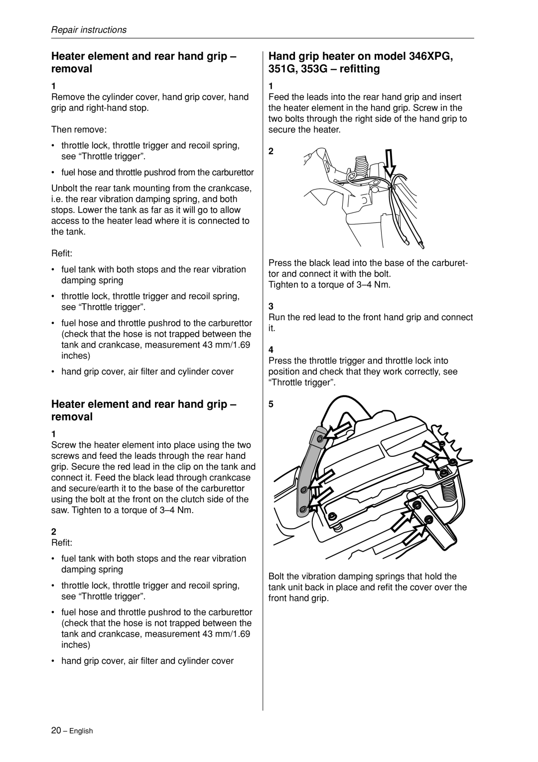 Husqvarna 340, 345, 346XP,350, 351, 353 manual Heater element and rear hand grip removal 