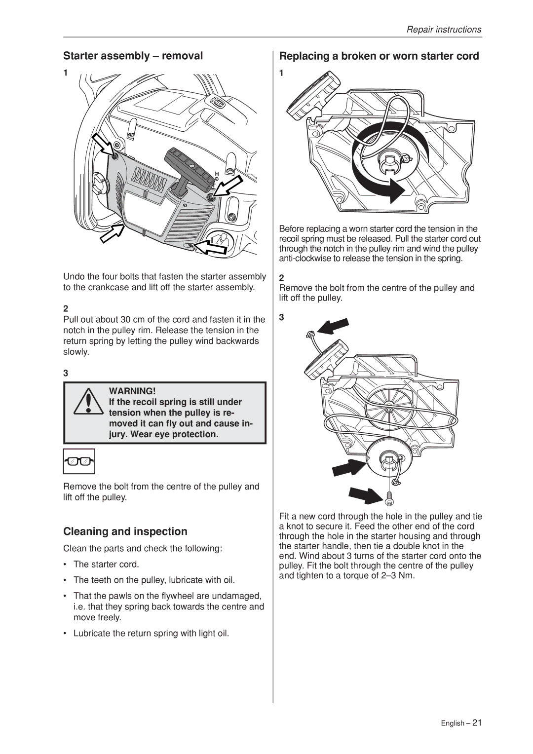 Husqvarna 340, 345, 346XP,350, 351, 353 manual Starter assembly removal, Replacing a broken or worn starter cord 