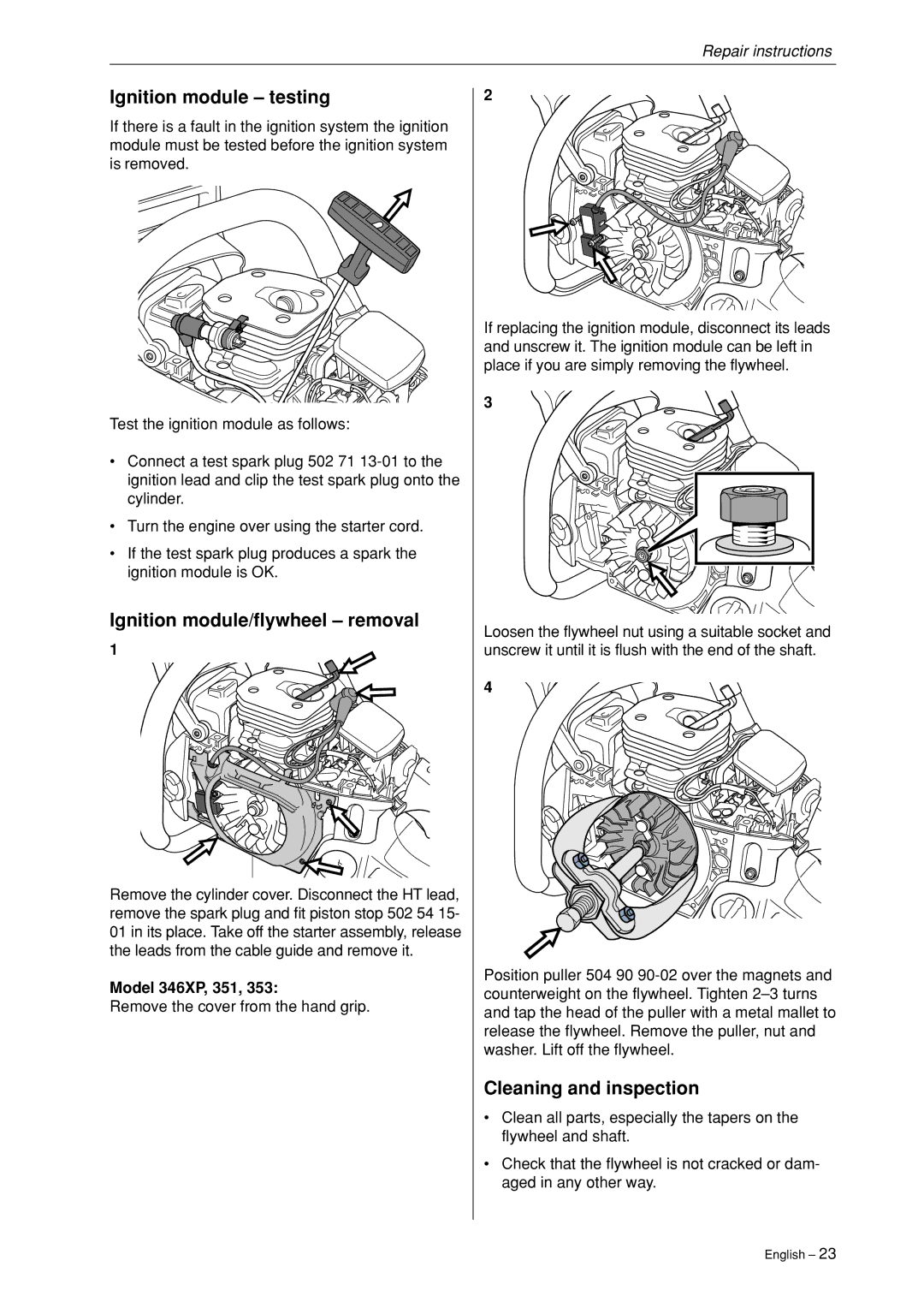 Husqvarna 340, 345, 346XP,350, 351, 353 manual Ignition module testing, Ignition module/flywheel removal, Model 346XP, 351 