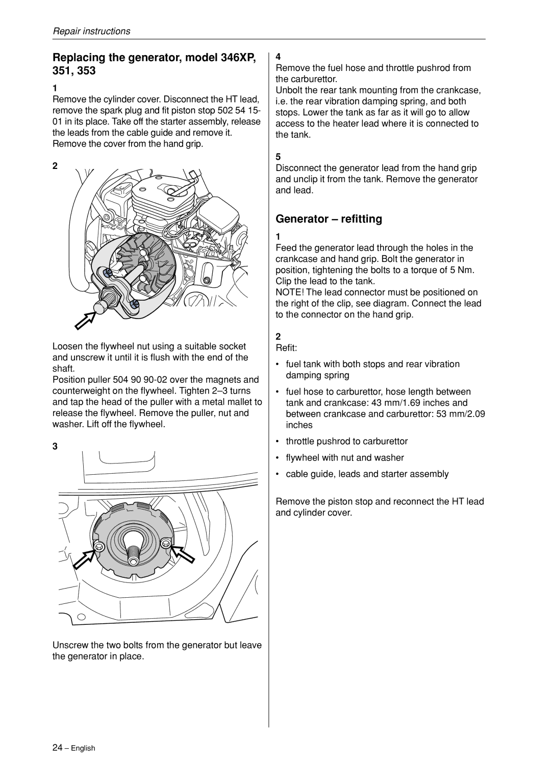 Husqvarna 340, 345, 346XP,350, 351, 353 manual Replacing the generator, model 346XP, 351, Generator refitting 