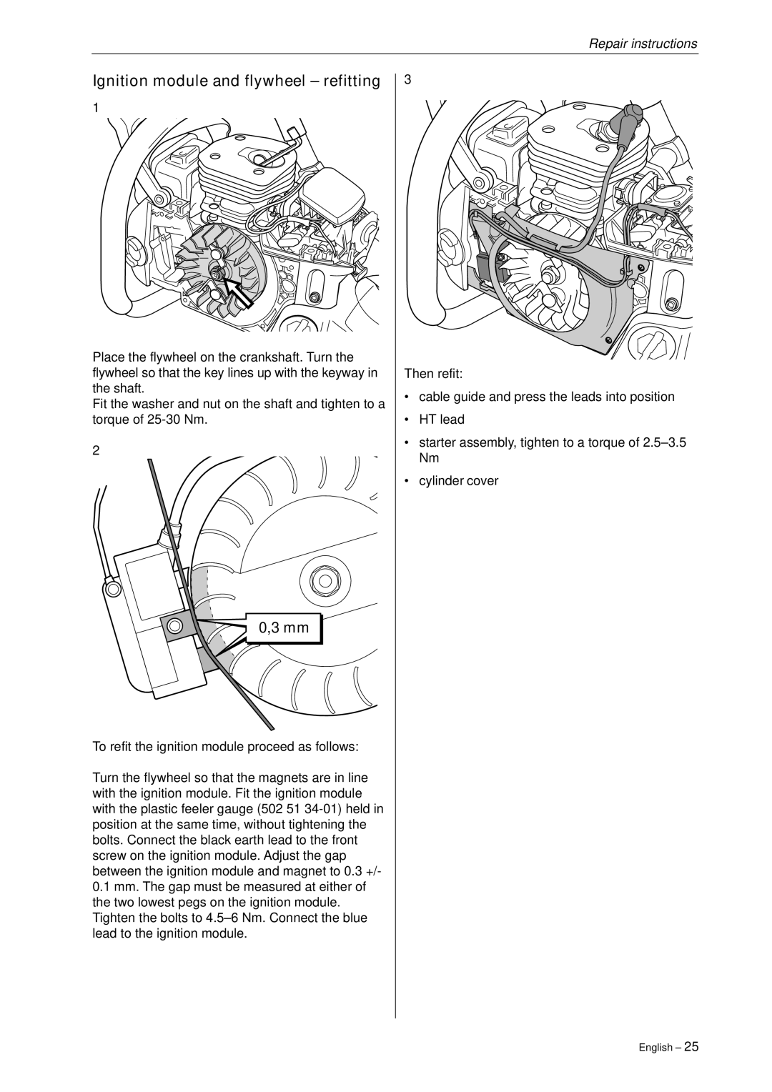 Husqvarna 340, 345, 346XP,350, 351, 353 manual Ignition module and flywheel refitting 