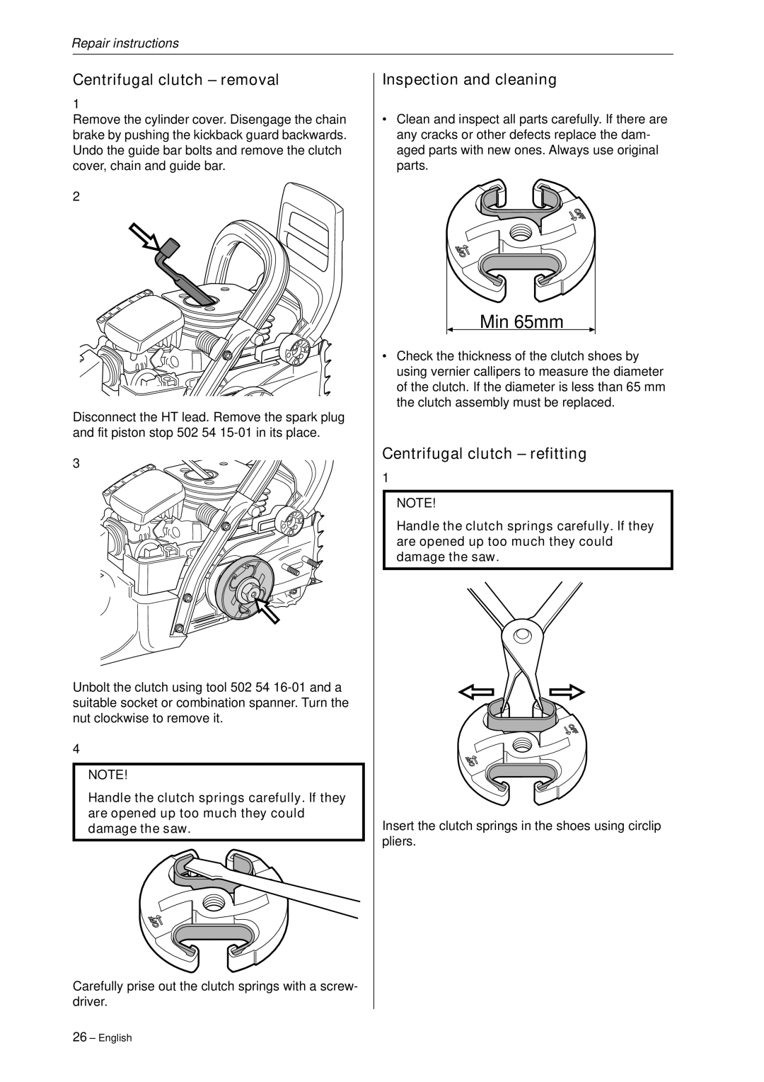 Husqvarna 340, 345, 346XP,350, 351, 353 Centrifugal clutch removal, Inspection and cleaning, Centrifugal clutch refitting 