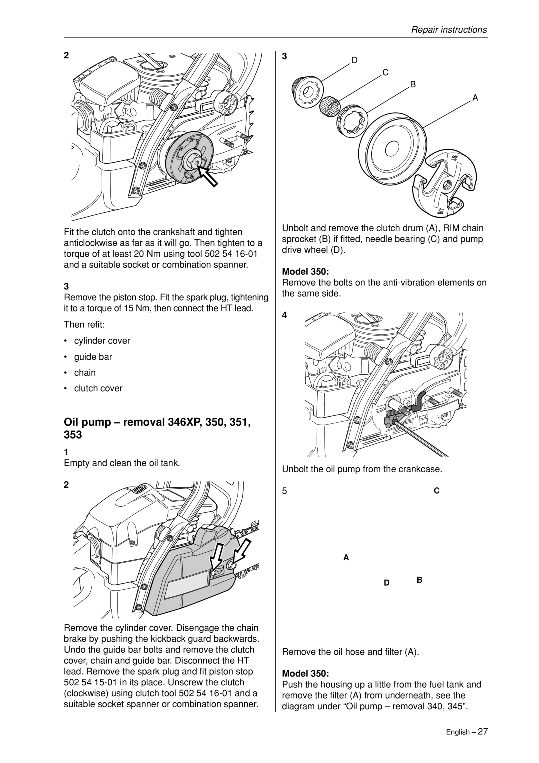 Husqvarna 340, 345, 346XP,350, 351, 353 manual Oil pump removal 346XP, 350, 351, Model 