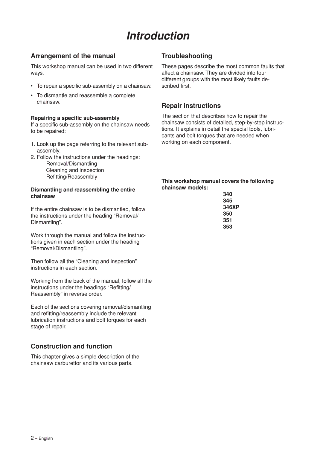 Husqvarna 340, 345, 346XP,350, 351, 353 Introduction, Arrangement of the manual, Construction and function 