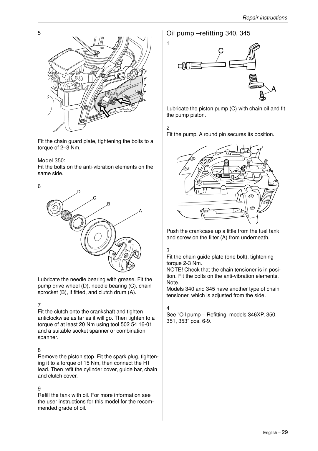 Husqvarna 340, 345, 346XP,350, 351, 353 manual Oil pump -refitting 340 