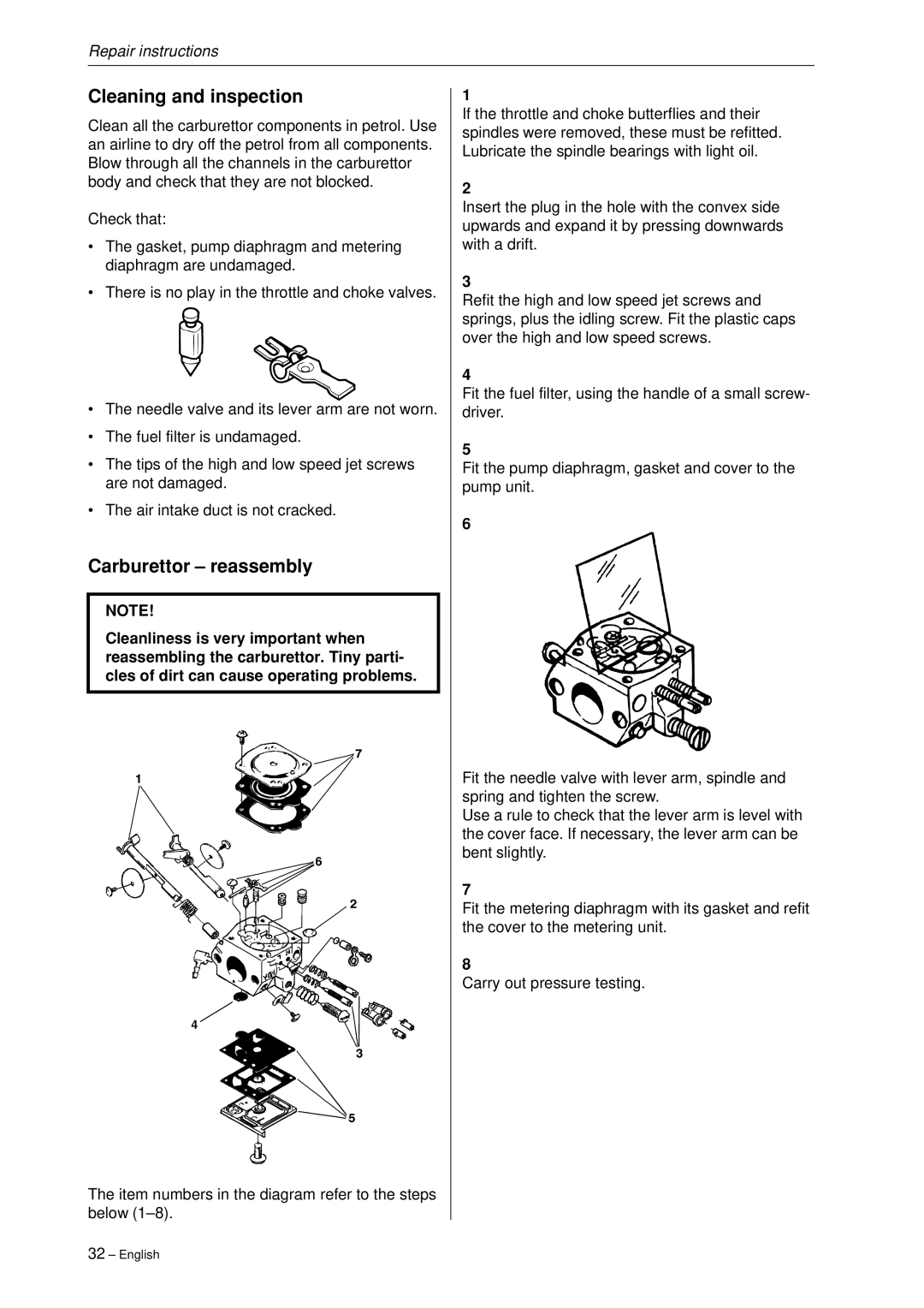 Husqvarna 340, 345, 346XP,350, 351, 353 manual Cleaning and inspection, Carburettor reassembly 