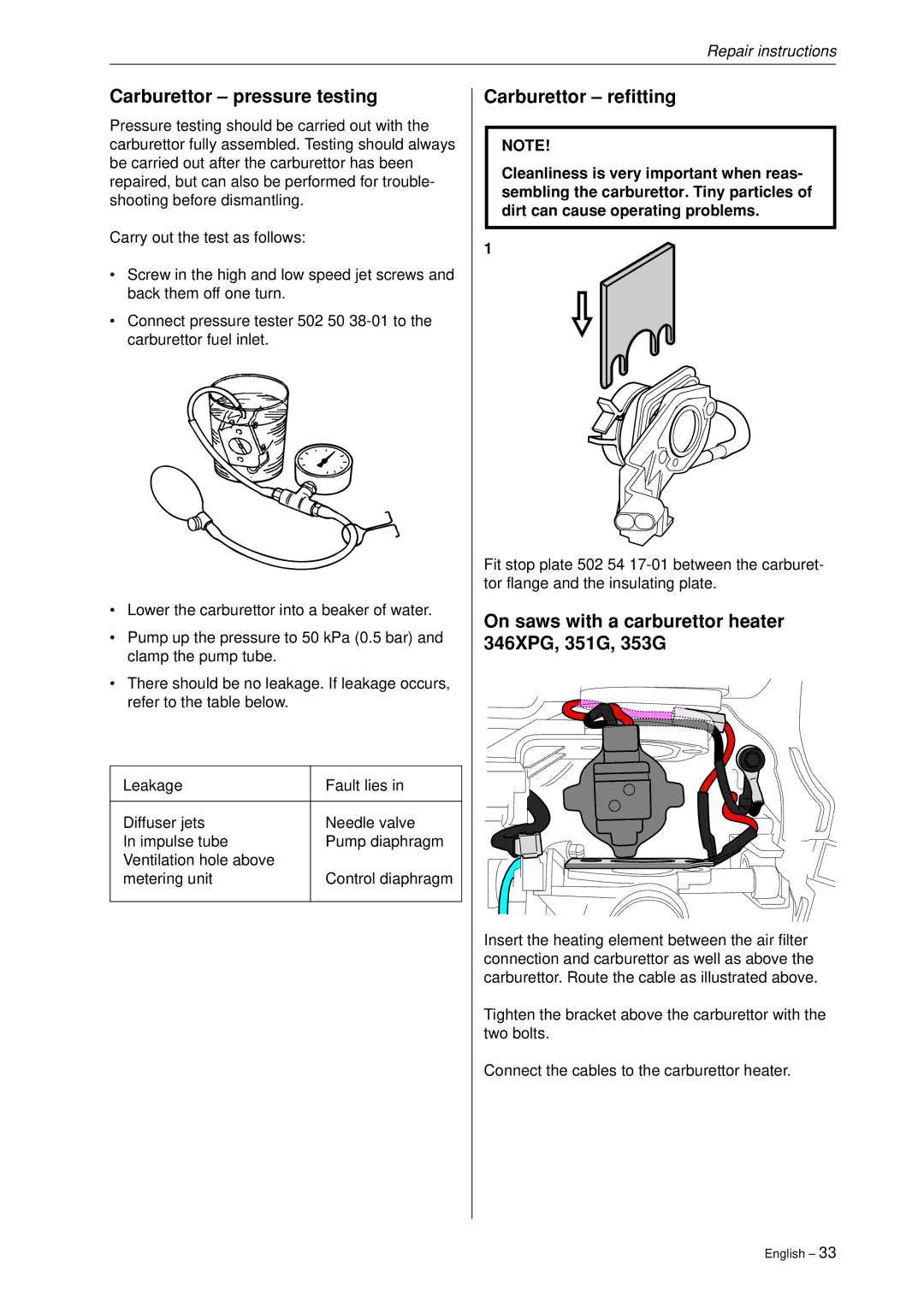 Husqvarna 340, 345, 346XP,350, 351, 353 manual Carburettor pressure testing, Carburettor refitting 