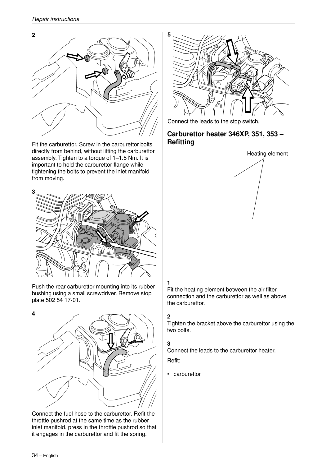 Husqvarna 340, 345, 346XP,350, 351, 353 manual Carburettor heater 346XP, 351, 353 Refitting 