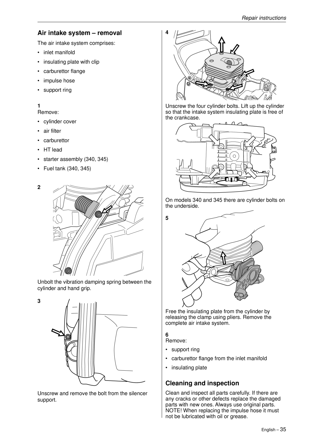 Husqvarna 340, 345, 346XP,350, 351, 353 manual Air intake system removal, Cleaning and inspection 