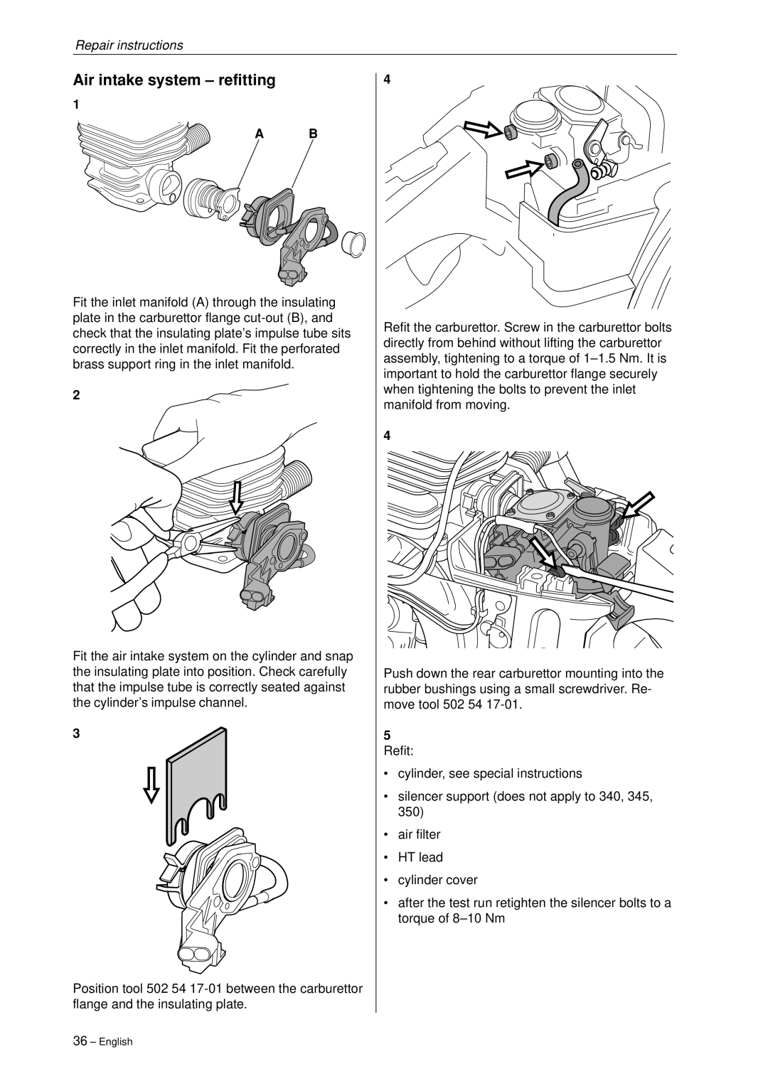 Husqvarna 340, 345, 346XP,350, 351, 353 manual Air intake system refitting 