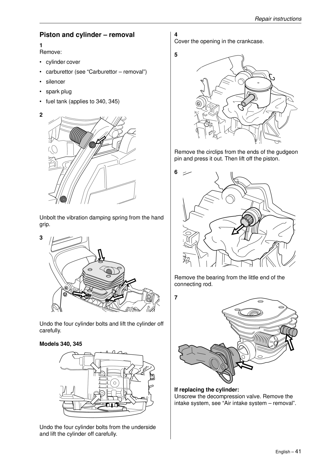 Husqvarna 340, 345, 346XP,350, 351, 353 manual Piston and cylinder removal, Models 340, If replacing the cylinder 