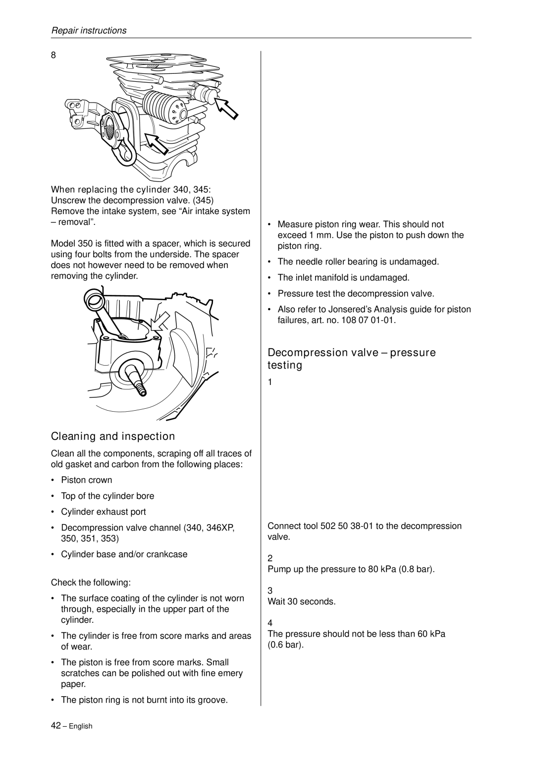 Husqvarna 340, 345, 346XP,350, 351, 353 manual Cleaning and inspection, Decompression valve pressure testing 