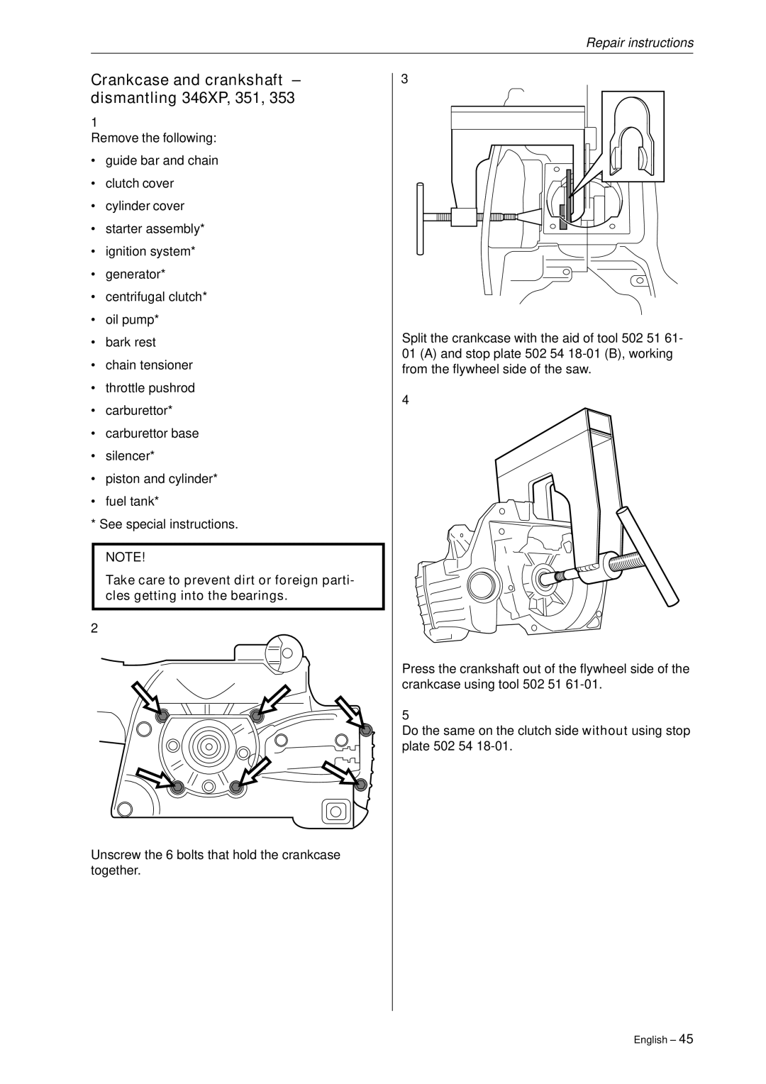 Husqvarna 340, 345, 346XP,350, 351, 353 manual Crankcase and crankshaft dismantling 346XP, 351 