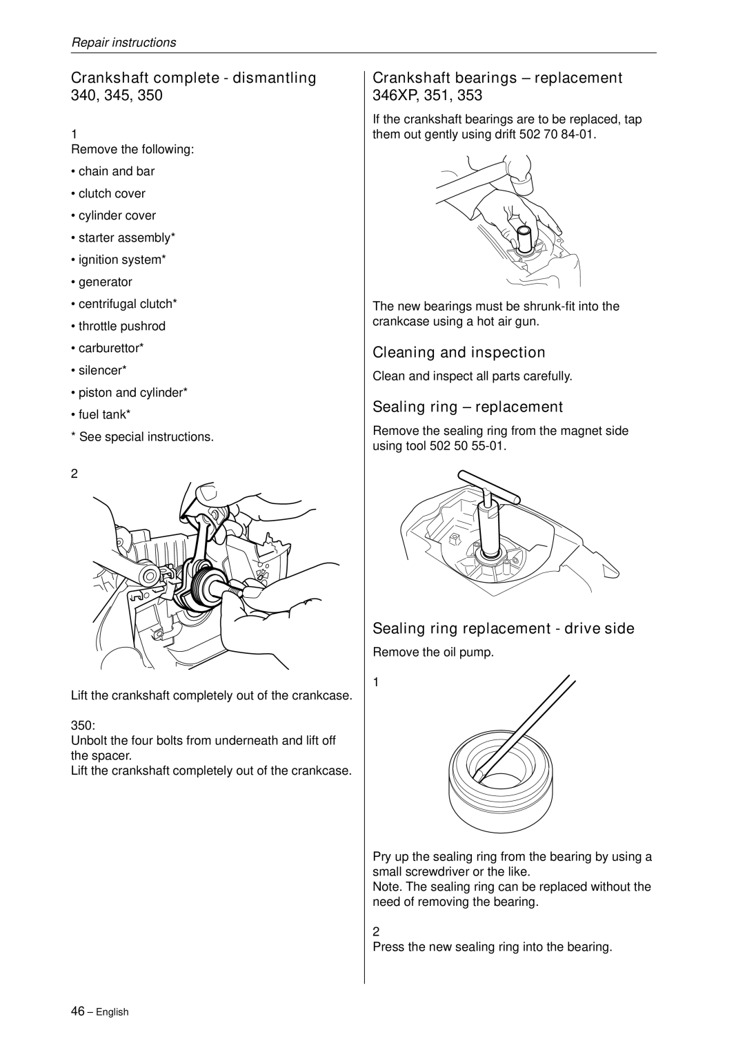 Husqvarna 340, 345, 346XP,350, 351, 353 manual Crankshaft complete dismantling 340, 345, Sealing ring replacement 