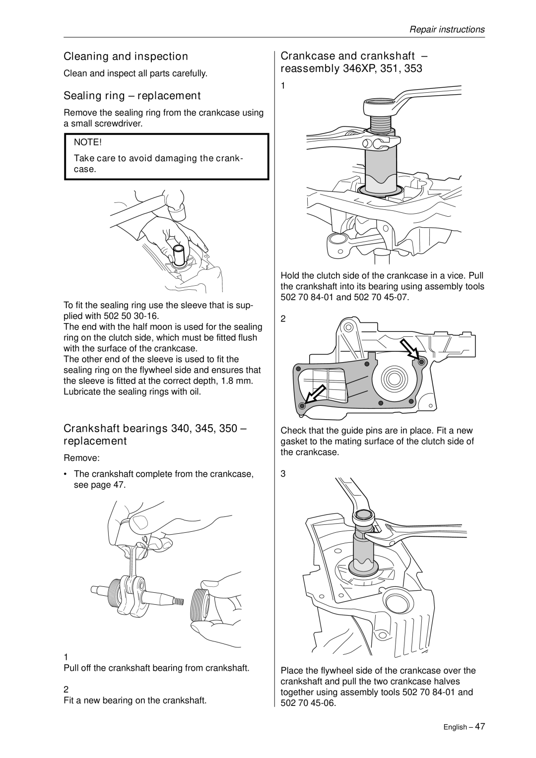 Husqvarna 340, 345, 346XP,350, 351, 353 manual Crankshaft bearings 340, 345, 350 replacement 