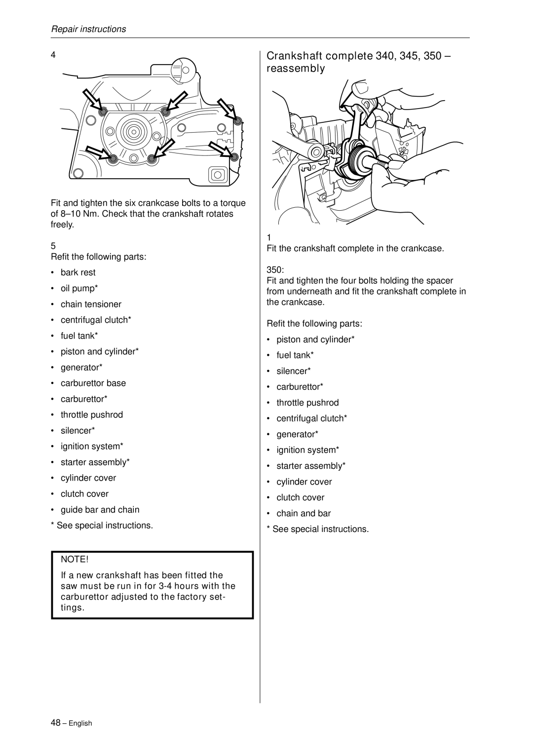 Husqvarna 340, 345, 346XP,350, 351, 353 manual Crankshaft complete 340, 345, 350 reassembly 