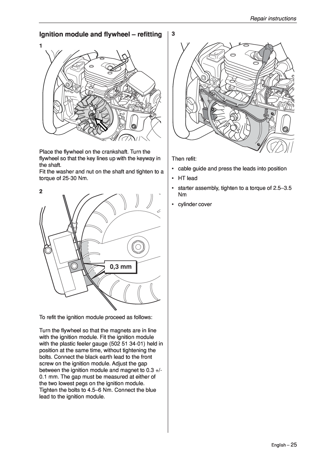 Husqvarna 340, 345, 346XP,350, 351, 353 manual Ignition module and flywheel - refitting, 0,3 mm, Repair instructions 